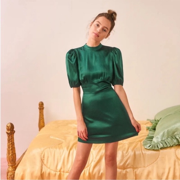Reformation Marsha Silk Mini Dress in Emerald - Picture 1 of 16